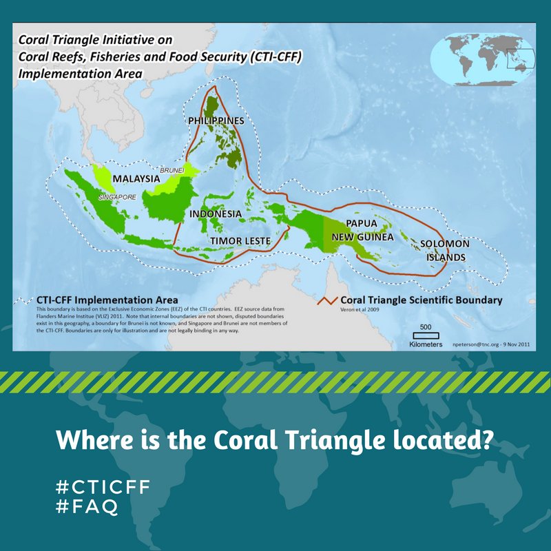 CTICFF's tweet photo. The Coral Triangle is a geographical term, refers to a roughly triangular shape of marine waters encompasses 647 million hectares of land and sea located within the territories of Indonesia, Malaysia, Philippines, Papua New Guinea, Solomon Islands and Timor-Leste. | #CTICFF #FAQ https://t.co/OzF2NKy249