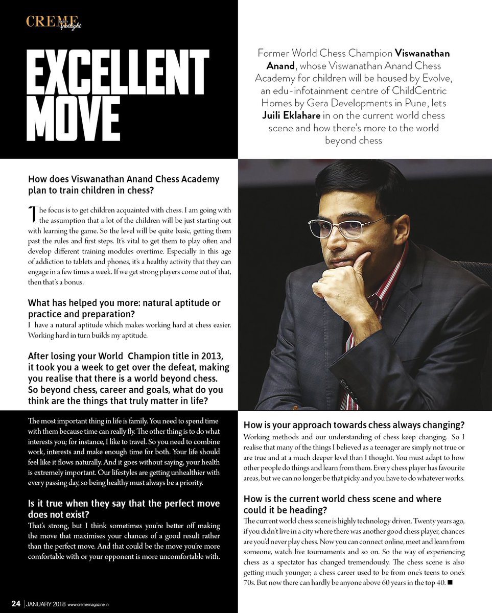 juilieklahare's tweet photo. Interview with @vishy64theking on the 'perfect move' and where the world chess scene could be heading in #CremeMagazine's January issue!

#viswanathananand #Pune #ViswanathanAnandChessAcademy #Chess #Creme https://t.co/XmMvn8Xizi