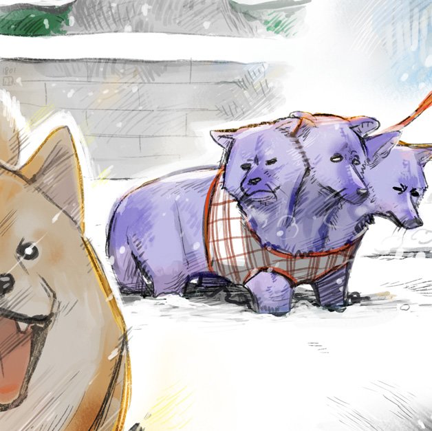 「雪が思ってたより厳しかったケルベロスと、通りすがりの近所の犬 」|ふむなのイラスト
