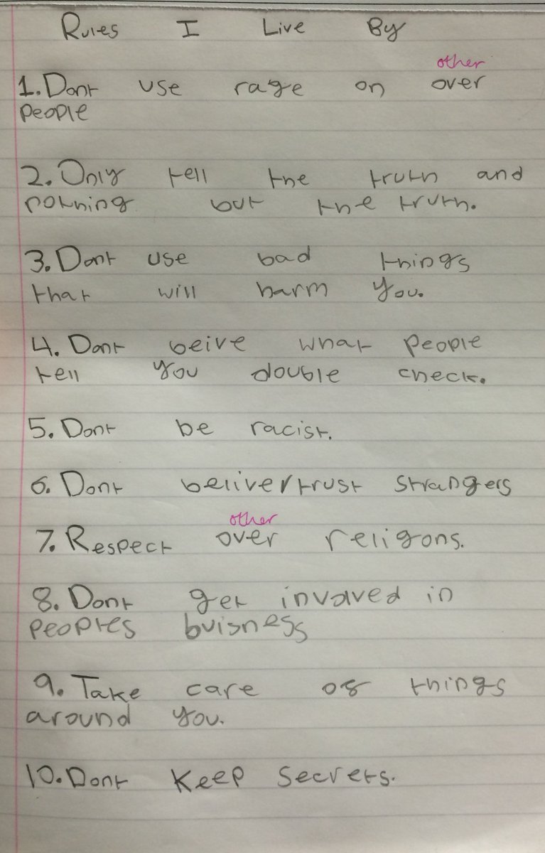 HartleyBrookY5's tweet photo. We looked at the Ten Commandments and created our own rules to live by. Some good ones in here! #dontberacist #respectotherreligions #wednesdaywisdom https://t.co/xsH1UKM34z