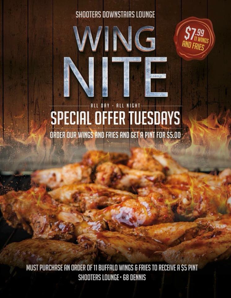 ShootersSSM's tweet photo. Wing Nite is back! Come try our delicious wings at Dee’s Kitchen inside Shooter’s. Available all day and all evening. Kitchen closing time will vary.🍗🍻 #ShootersDownstairsLounge https://t.co/XDY8tCdHgg