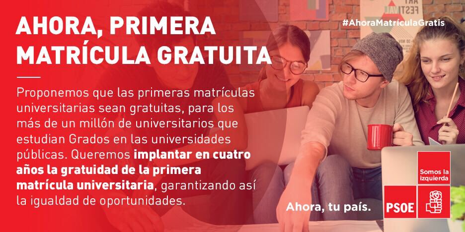 jsibalears's tweet image. 👏👏 El @psoe proposa que les primeres matrícules universitàries siguin gratuïtes garantint així la igualtat d'oportunitats d'accedir als estudis universitaris 

#AhoraMatrículaGratis #JSIB