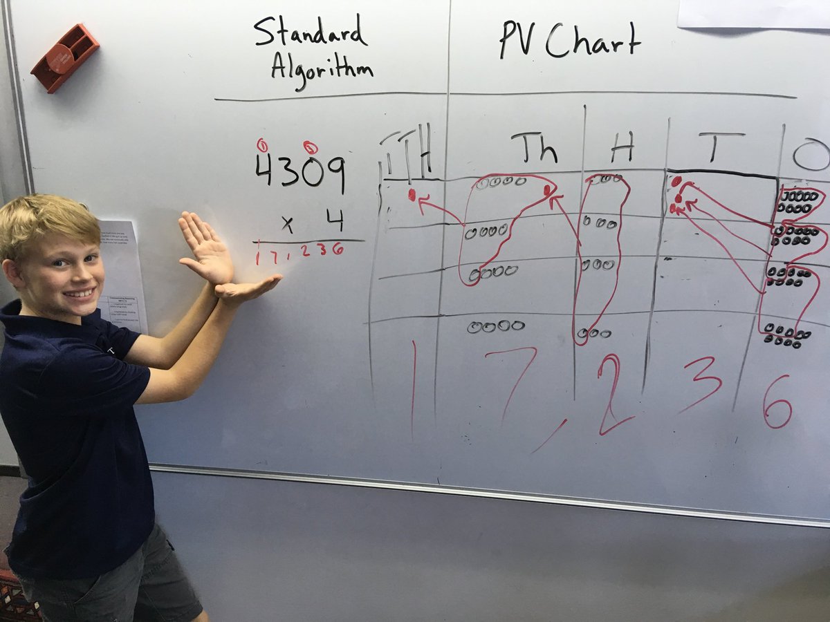 Connecting the standard algorithm to the place value chart in front of his classmates takes courage! #g4 #TAISMcourage #taismoman