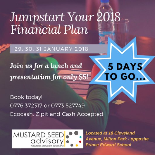 msa_zimbabwe's tweet photo. Whats up for 2018?
Cost: $5 – lunch and an opportunity to work through your financial plan!
Venue: Mustard Seed Advisory offices at 18 Cleveland Avenue, Milton Park, Harare. Opp Prince Edward School. 
Dates: Mon 29th, Tue 30th &amp; Wed 31st January 2018-Just pick a date
Time: 1-2pm https://t.co/XhgIuXK5Lv