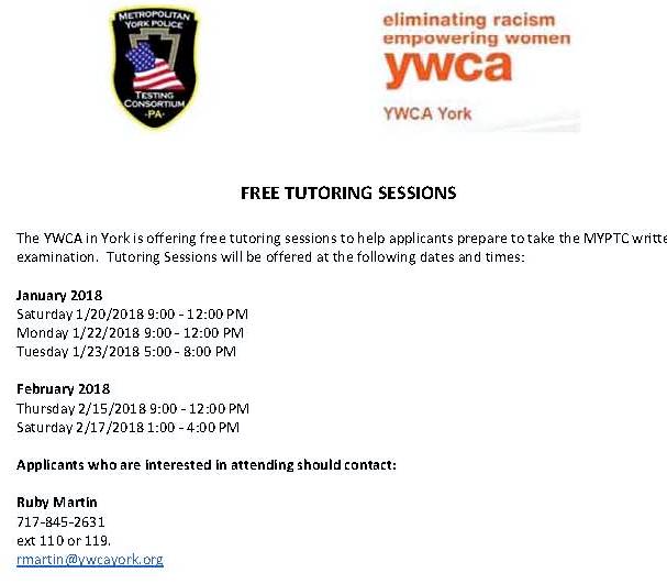 YorkPoliceJobs's tweet photo. Don't miss out on attending one of the last 2 FREE tutoring sessions held by @YWCAYork to help you prepare for our written test. 
Thu 2/15 9:00AM‐12:00PM
Sat 2/17 1:00PM‐4:00PM 
Contact: Ruby Martin
717‐845‐2631 ext 110 or 119
rmartin@ywcayork.org https://t.co/E9eVSplFkb