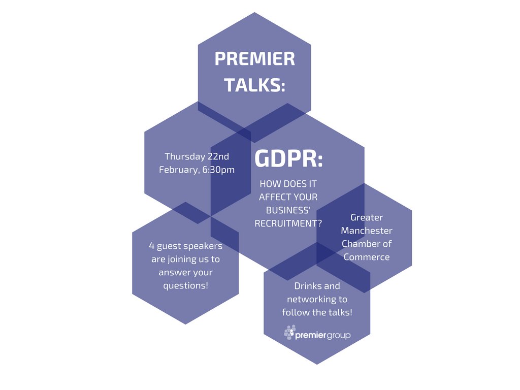 premier_talks's tweet photo. Our next #PremierTalks event up north is going to focus on the hot topic of #GDPR and how it affects your business' recruitment. Join us on 22nd Feb and have all your questions answered by our fantastic panel!

FREE tickets available here: https://t.co/w52RFsmbQ5 https://t.co/S642b6mWcR
