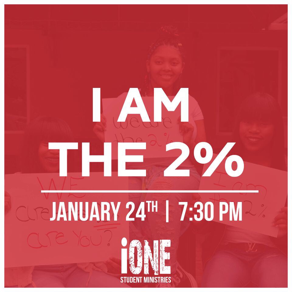 iOneMinistry's tweet photo. Don’t miss out on tonight’s message? Do you want to be apart of the 2%? Com join us every Wednesday at 7:30pm! https://t.co/bOnROgsqFN