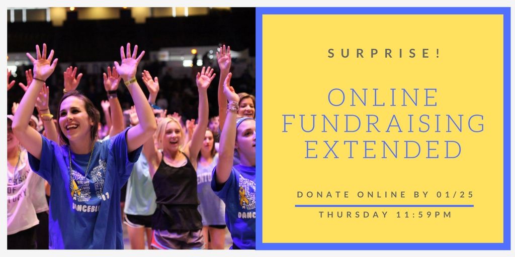 UK_DanceBlue's tweet photo. Surprise….ONLINE FUNDRAISING HAS BEEN EXTENDED until Thursday at 11:59pm! Due to a large number of donations yesterday, we wanted to reward you all and allow one last chance to those who could not get their donation submitted in time! https://t.co/qFNB3DNGJE
