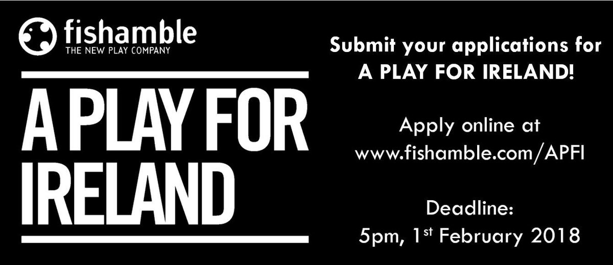 THTG's tweet photo. . @Fishamble is looking for an idea for one big ambitious play that captures the zeitgeist of the country! A PLAY FOR IRELAND will be an island-wide 2-year process culminating in a new play. 
DEADLINE: 5pm 1st Feb 2018. https://t.co/RkGXiLUrh3
#FishambleAPFI
#Fishamble30 https://t.co/kQbNqyyo1B