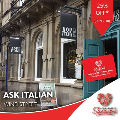 BigHeartSwansea's tweet photo. #SwanseaLoyaltyCard @ASKItalian 25% off Food - Sun to Fri #WindSt #SwanseaCityCentre https://t.co/PBHWTHnM8S https://t.co/fgp8LNnOHk