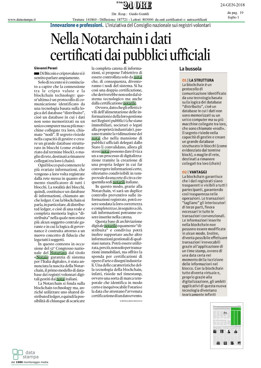 ilnotariato's tweet photo. Oggi su @sole24ore "Nella Notarchain i dati certificati dai pubblici ufficiali"
si parla di #Notarchain, la #blockchain gestita da notai alimentata da informazioni certe, affidabili e condivisibili che garantisce la trasparenza delle operazioni. #Tecnologia #tech https://t.co/YEXKMJKXSn