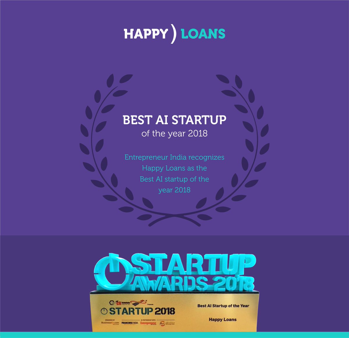 ImManishKhera's tweet photo. Happy Loans - Best AI startup of the year #fintech #startup #technology #ArtificialIntelligence #happyloans https://t.co/E9MYKHrZIH