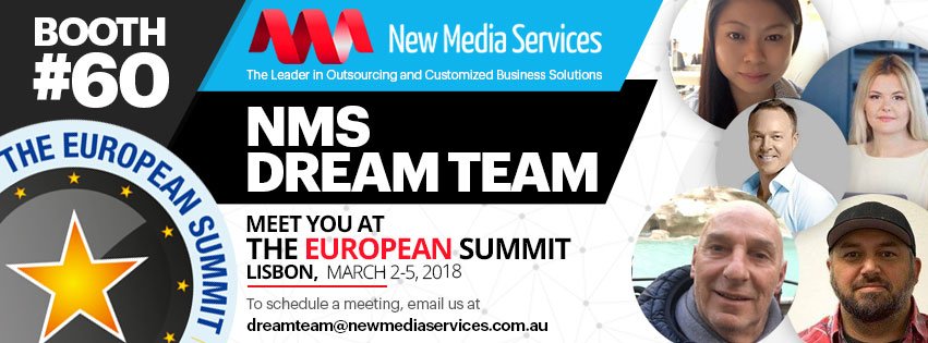 SMSGoServices's tweet photo. The New Media Services Dream Team is out to impart their knowledge on #outsourcing and customized #business solutions as they head to Lisbon for the upcoming #EuropeanSummit! Don't miss it!

Visit us at Booth #61 https://t.co/5XJQIaBRsu