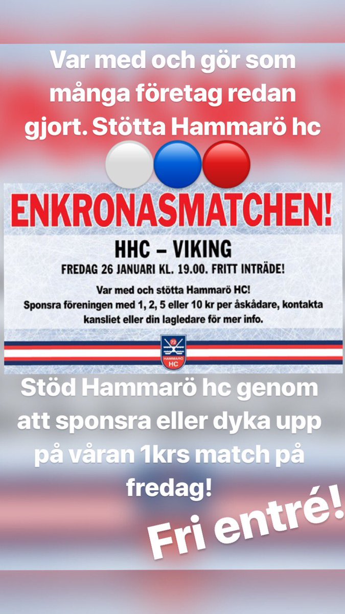 HammaroHC's tweet photo. På fredag är det dags. Årliga enkronarsmatchen är kommen. Ta er till hallen och stötta oss mot viking! ⚪️🔴🔵 https://t.co/yIAcVQaOsW