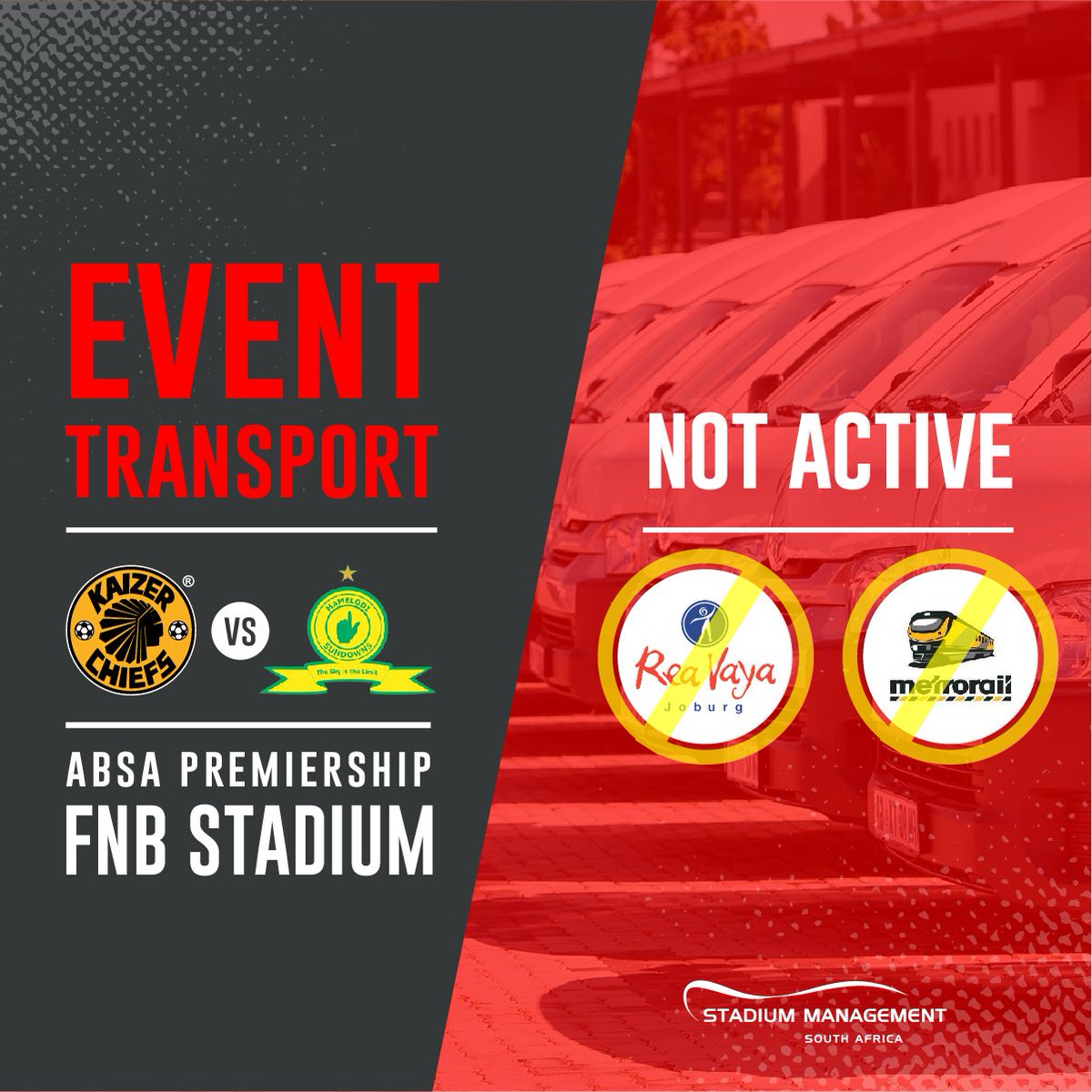 OfficialSMSA's tweet photo. 📢 Only Top 6 taxi's as well as @Uber will be available for this evening's #AbsaPrem game. 

Spectators are advised to use their private cars and other forms of public transport as @ReaVayaBus  and MetroRail will not be available. https://t.co/vn5mvZlLld