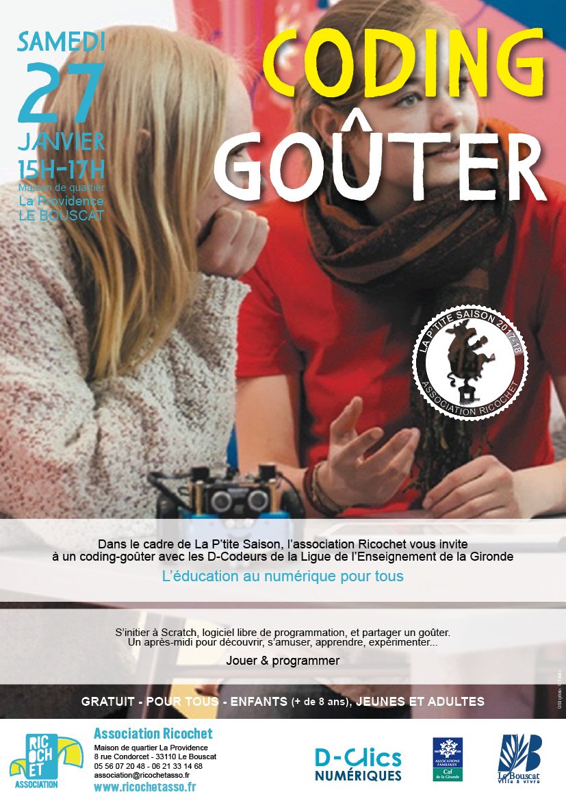 Samedi #codinggouter <a href="/ricochetasso/">Association Ricochet</a> <a href="/VilleduBouscat/">Ville du Bouscat</a> avec les <a href="/D_Codeurs_33/">D-Codeurs Gironde</a> <a href="/LaLigue33/">La Ligue 33</a> pour tous #ludotheque #numerique #numeriqueinclusif #code #scratch ricochetasso.fr/codinggouter-0…