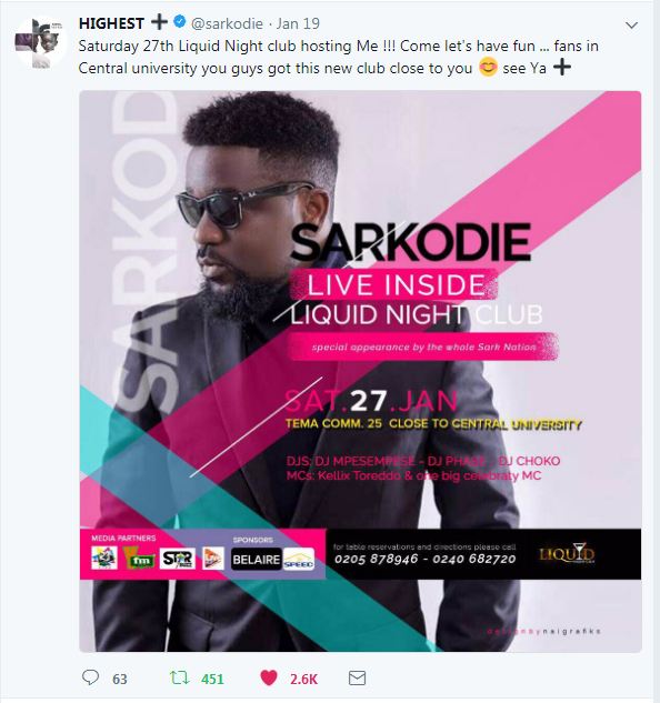 LiquidNytClub's tweet photo. The King of rap @sarkodie is on fire🔥🔥🔥, Lets meet @LiquidNytClub on 27th January to celebrate his achievement...For Table reservations and directions Call 020 587 8946. Special Appearance by the whole @SarkNation1 Crew. #Rapperholic #LIQUIDNIGHTCLUB #Sarkology #Highest https://t.co/Js3sfgU1s4