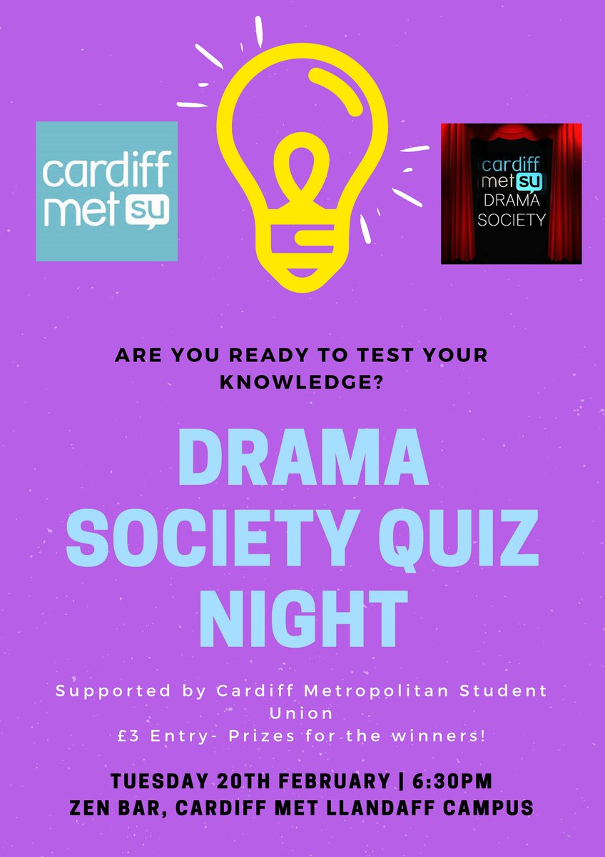 CardiffMetSU's tweet photo. 📣📣 Drama Society Quiz Night! 📣📣TONIGHT! . 6:30. Zen Bar. @cmetdramasoc! Open to all students! Get that thinking hat on 😉 https://t.co/8VtWOcoGKc