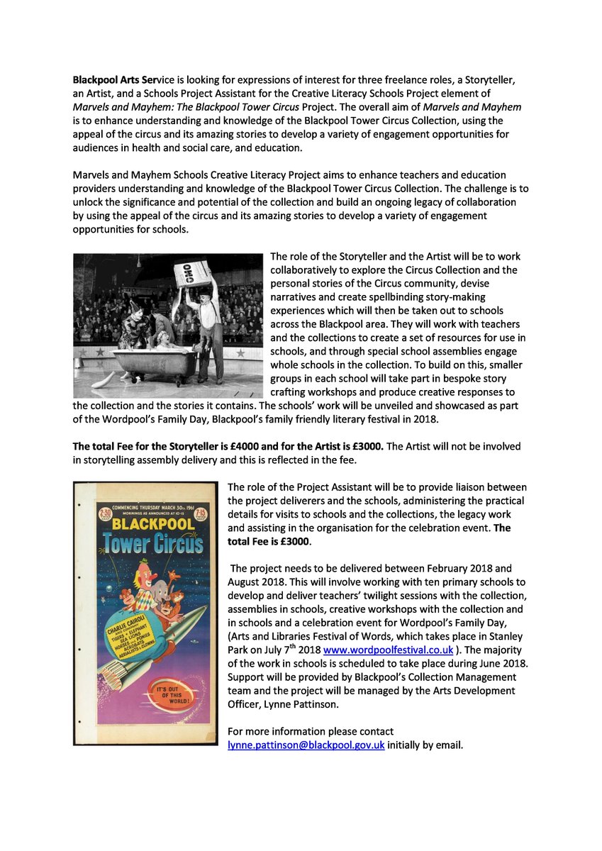 Blackpool Arts Services are looking for expressions of interest for 3 freelance roles to work on Marvels and Mayhem: The Blackpool Tower Circus Project. We are looking for a Storyteller, an Artist, and a Schools Project Assistant...