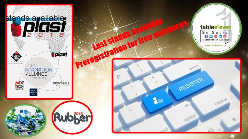 yoxy12U's tweet photo. #Plast 2018 ,29.5.-01.06. – Last stands available - Registrieren unter #tableeleven https://t.co/BM5GUXgxOO
2 kostenlose #Eintrittskarten für die PLAST 2018 und für jede der anderen Messen der #Innovations-Allianz https://t.co/gzvNrNUSDU https://t.co/G4lW6WUftG