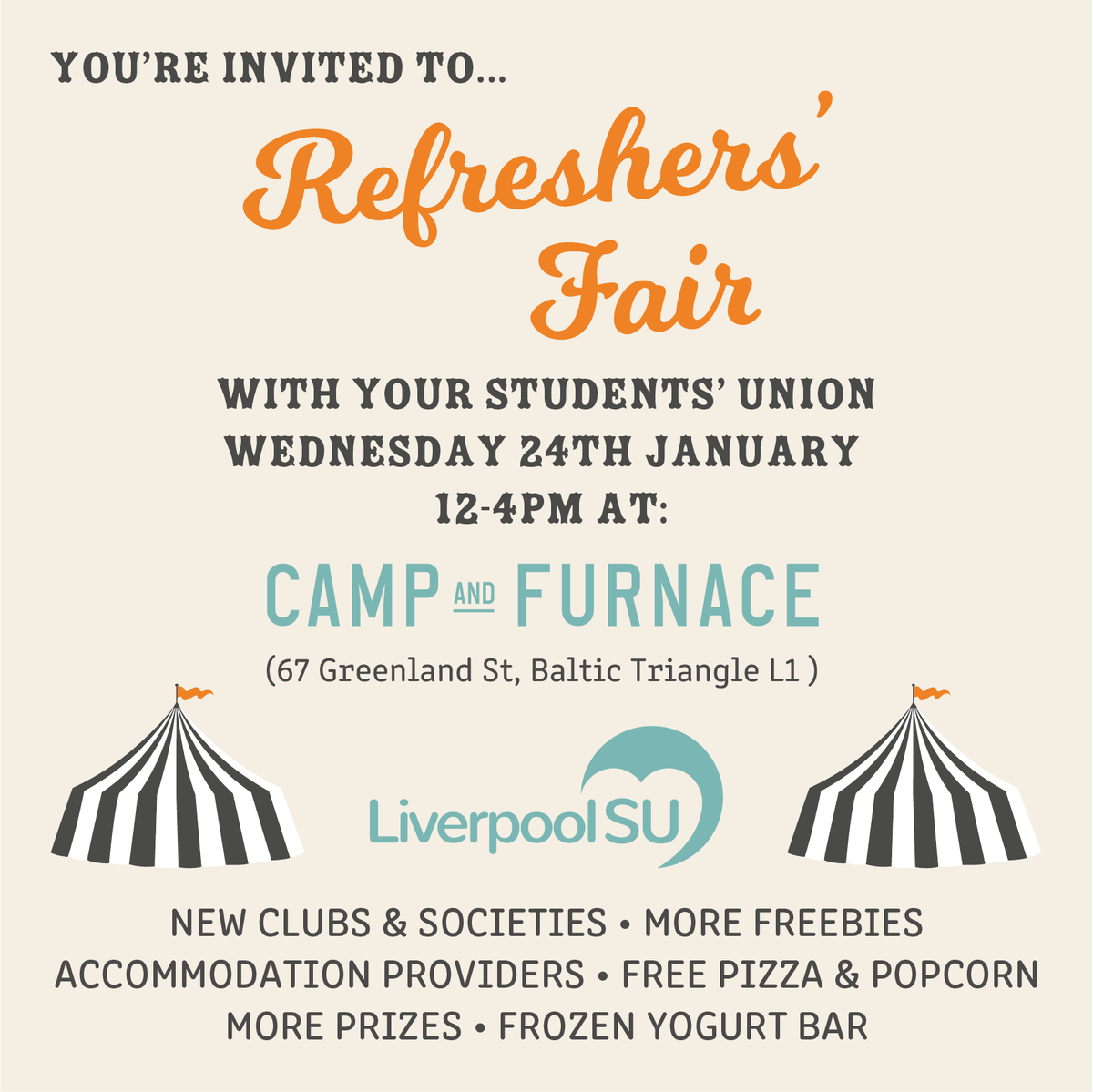johnmooressu's tweet photo. Are you joining us today for Refreshers' Fair? Join us 12-4pm at Camp and Furnace to meet all the clubs and societies you can join π π β³οΈ π΅ π» , get some free food π π© π¨ π and find all the info you'll need to get you through semester 2 π π π πΉ ! https://t.co/ht38necz2F