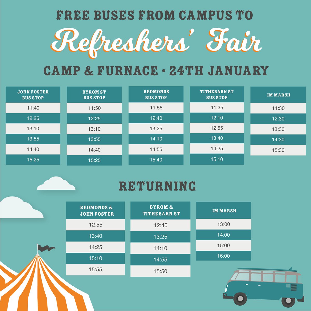 johnmooressu's tweet photo. Are you joining us today for Refreshers' Fair? Join us 12-4pm at Camp and Furnace to meet all the clubs and societies you can join π π β³οΈ π΅ π» , get some free food π π© π¨ π and find all the info you'll need to get you through semester 2 π π π πΉ ! https://t.co/ht38necz2F