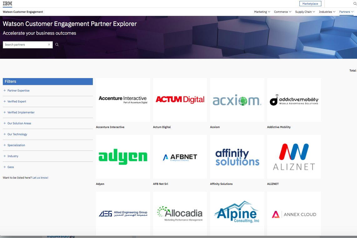 SusanBReynolds's tweet image. Find the best #partners in #commerce #marketing #supplychain with #WatsonCE #PartnerExplorer ibm.com/watson/custome…