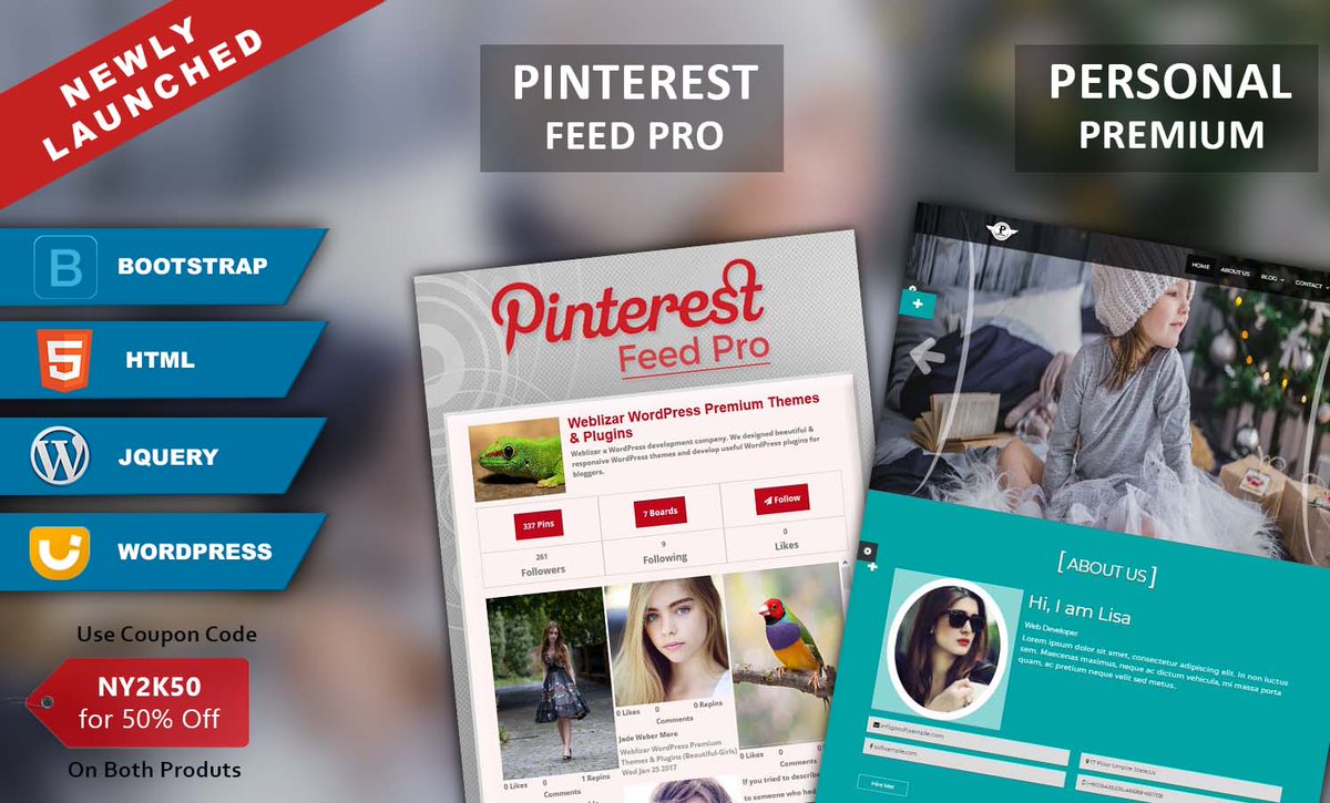 weblizar's tweet photo. Good News for WordPress Lovers and Enthusiasts!!!

Weblizar has launched two new most viable premium WordPress Products!

PERSONAL PREMIUM WORDPRESS THEME
https://t.co/2st6Htv5Tz

PINTEREST FEED PRO
https://t.co/Na3fOHmDE6

#wordpress #wordpresspremium #wordpressproducts https://t.co/ewKDnjQYAS