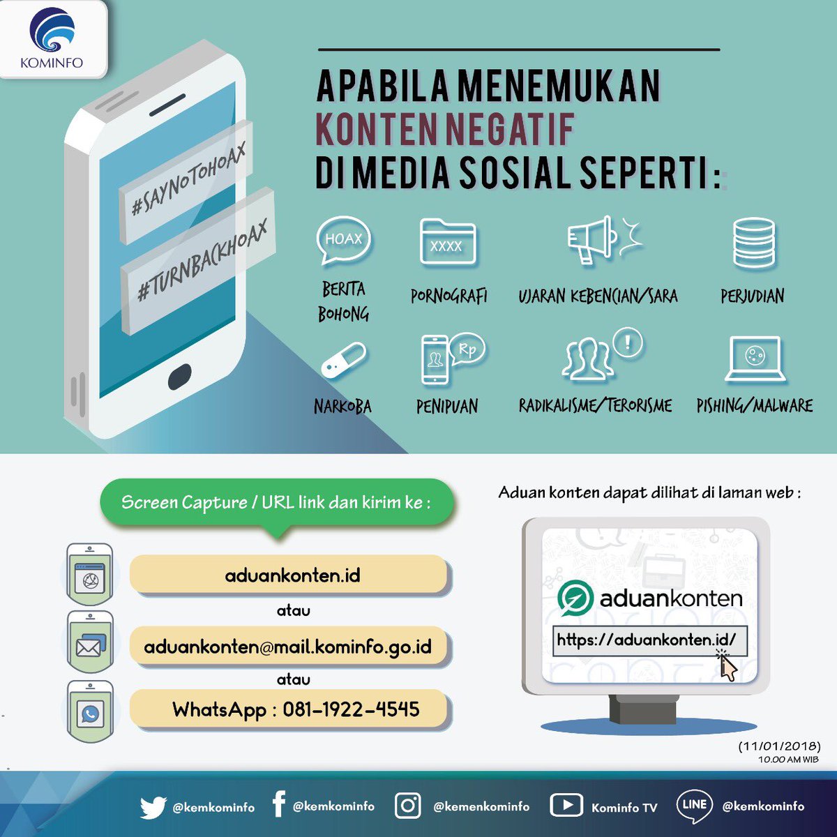 Selamat malam SobatKom☺️

Banyak banget yg DM dan komen mimin gimana cara melaporkan konten negatif yg ada di dunia maya. Simak infografis ini yuk biar tau cara mengadukan konten negatif yg kalian temukan :)

#TurnBackHoax #SaringsebelumSharing