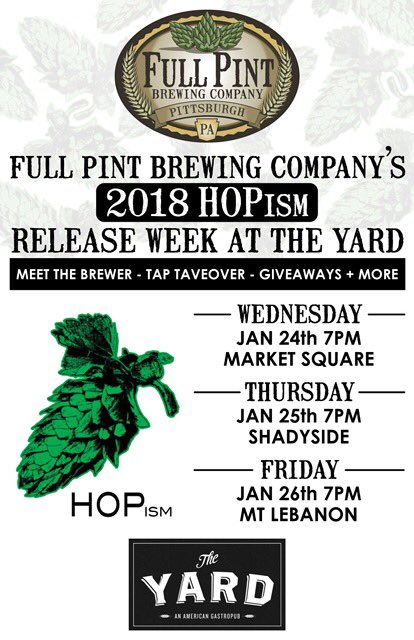 BurghBrewNews's tweet photo. Starting tonight @fullpintbrewing will launch #HOPism at @TheYardPGH #MarketSquare https://t.co/fCqbU9rIIu