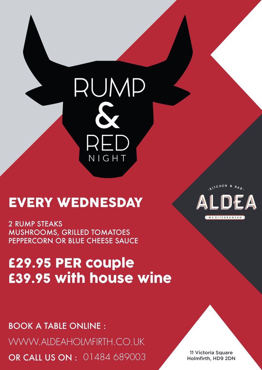 AldeaHolmfirth's tweet photo. Something new for 2018 - Aldea are proud to introduce our "Rump &amp; Red Night" -Every Wednesday.
2 Rump Steaks -Served with mushrooms, grilled tomatoes, peppercorn or blue cheese sauce
£29.95 per couple or £39.95 with bottle of house wine (White or Red) 
#Aldeaholmfirth #Steaknight https://t.co/72Gt5Owmyc