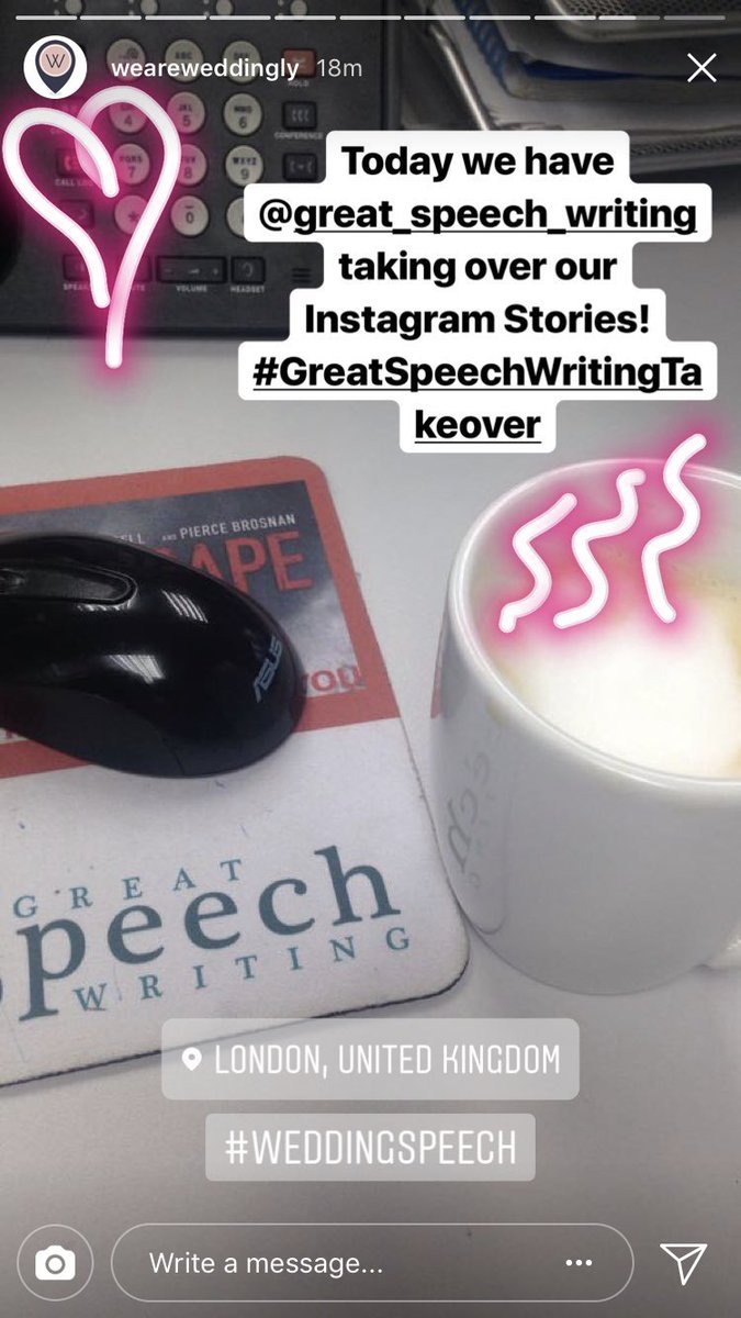 Gr8SpeechWriter's tweet image. Get across to @WeAreWeddingly 's instagram story for our #InstagramTakeover and take a little peak into the inner workings of Great Speech Writing.

#speechadvice #wedding #publicspeaking #communication