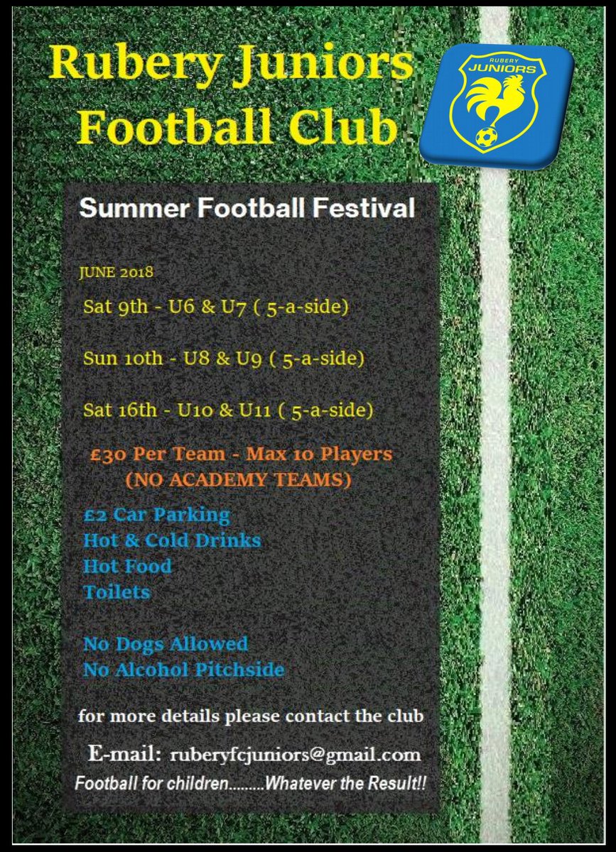 ruberyjuniorsfc's tweet photo. SUMMER FOOTBALL FESTIVAL.
#RuberyJuniorsFC are pleased to announce the dates for our SUMMER FOOTBALL FESTIVAL. We are hosting the age groups of U6s-U11s. Were looking forward to seeing as many teams as possible. Please don't hesitate to contact us for more information via email. https://t.co/3CjXDfoDWm