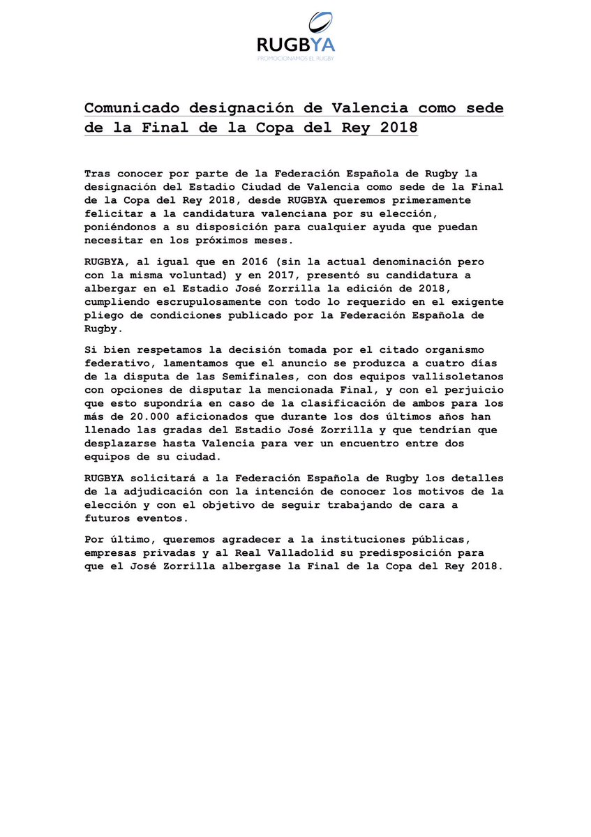 _rugbya_'s tweet photo. Comunicado sobre la designación de Valencia como sede de la #CopaRugby18 https://t.co/Dac3Z8UuvK