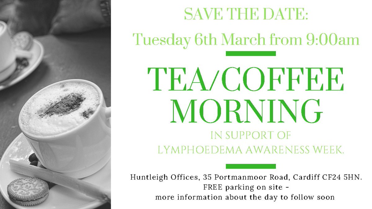 Huntleighdiag's tweet photo. 𝗦𝗔𝗩𝗘 𝗧𝗛𝗘 𝗗𝗔𝗧𝗘! Tuesday 6th March Huntleigh will be holding a free Tea/Coffee Morning in support of #Lympoedema Awareness Week #LymphAware https://t.co/sCwKN2lzNW