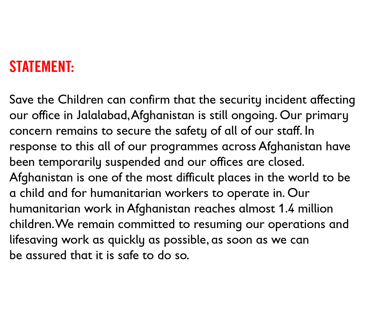 Save_GlobalNews's tweet photo. An updated statement on the incident in Jalalabad  #Afghanisatan #Savethechildren #Jalalabad https://t.co/7YXn1ldGua