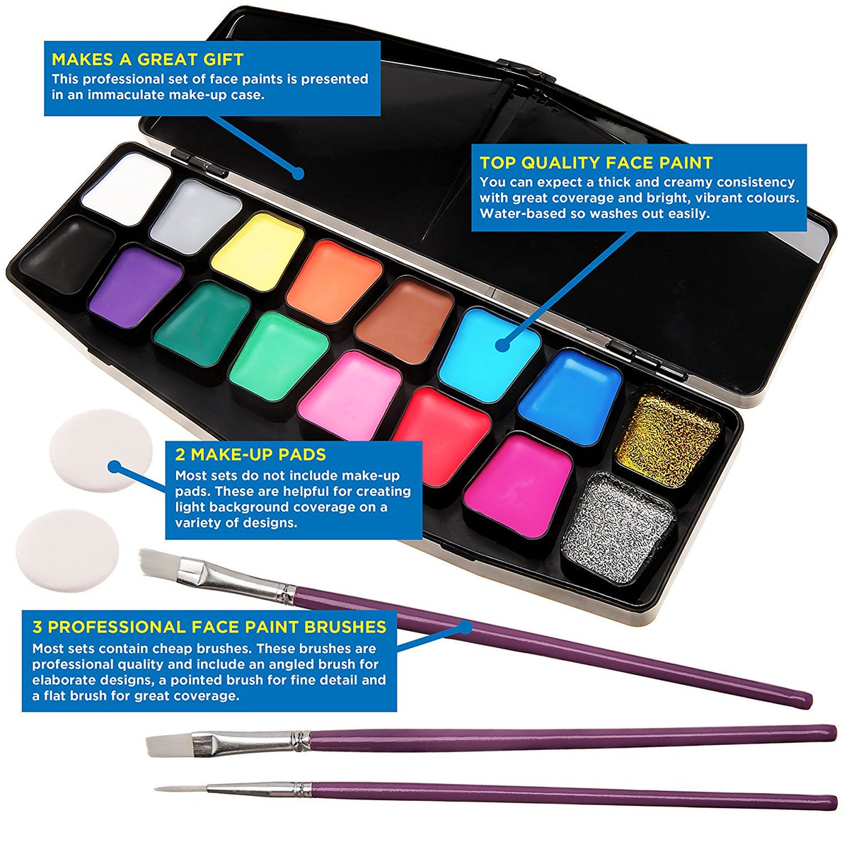 WingFacePaints's tweet photo. Face Paint Kit, Face Painting Party Set with 3 Professional Brushes, 2 Sponges, 14 Colors, Stencils, Glitter Gel, Safe Non-Toxic Water-Based - Wingfacepaints https://t.co/teXYxbUYsx