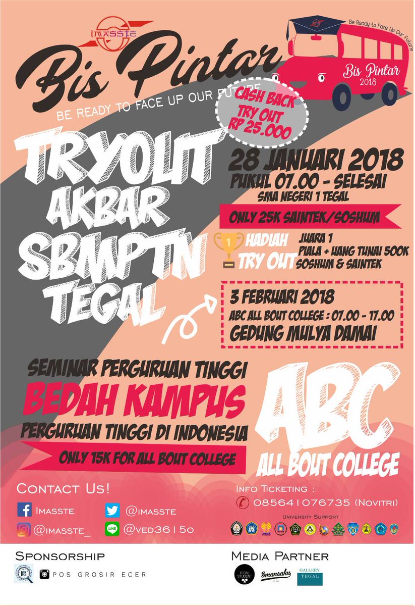 [ THE BIGGEST EVENT IMASSTE ON 2018 ]

IMASSTE (Ikatan Mahasiswa Semarang Alumni SMA Negeri 1 Tegal) Proudly Present! 👏👏👏

“BIS PINTAR 2018, Be Ready To Face Up Our Future"

For more details click : 

instagram.com/p/BeVRsd4HX6c/