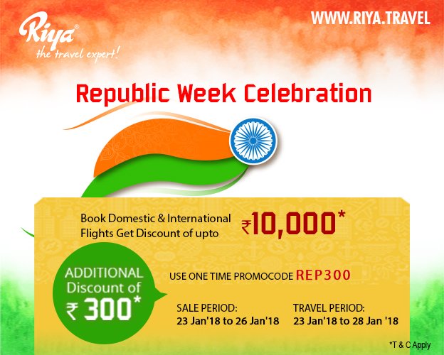 riyatravelind's tweet photo. Booked your tickets yet? Hurry!! Get exclusive Republic Week discount of up to Rs. 10,000* on domestic and international flight tickets. Book now through https://t.co/zvN7R8bX6b
#republicweekoffer #republicsale #promocode #REP300 #RiyaTravels #exclusivediscount #availoffer https://t.co/wsjGJH7dcS