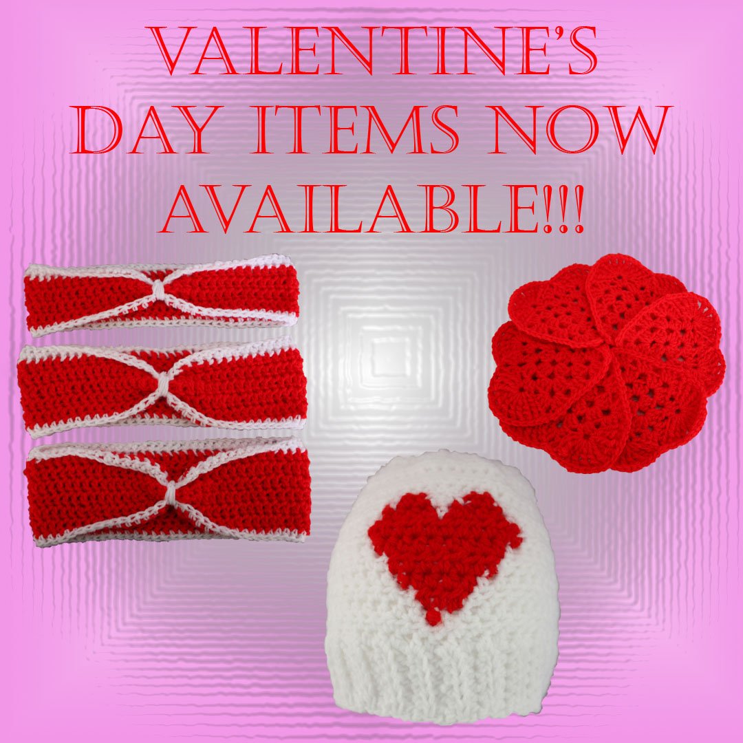 A_Dot_Designs's tweet photo. Valentine's Day items now available! Find them here: https://t.co/ijpuTUcPMO  😍💗 #handmade #valentines #valentinesday #vday #coasters #beanie #headbands #heart #love #red #etsy #crochet https://t.co/VbCU64w8b9