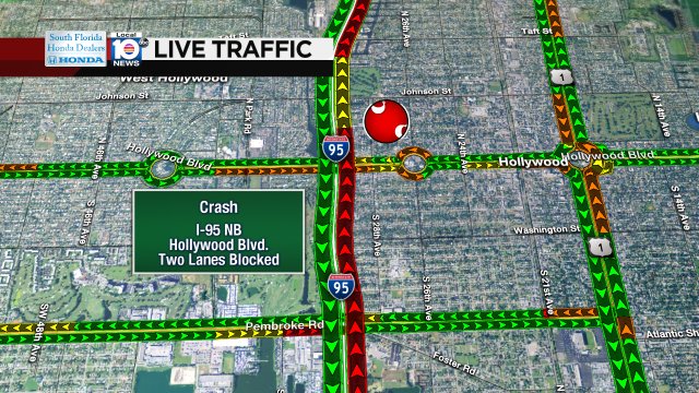 CRASH: I-95 NB & Hollywood Blvd. Two lanes are blocked; expect heavy delays. #TRAFFIC https://t.co/wQFLCutvSv