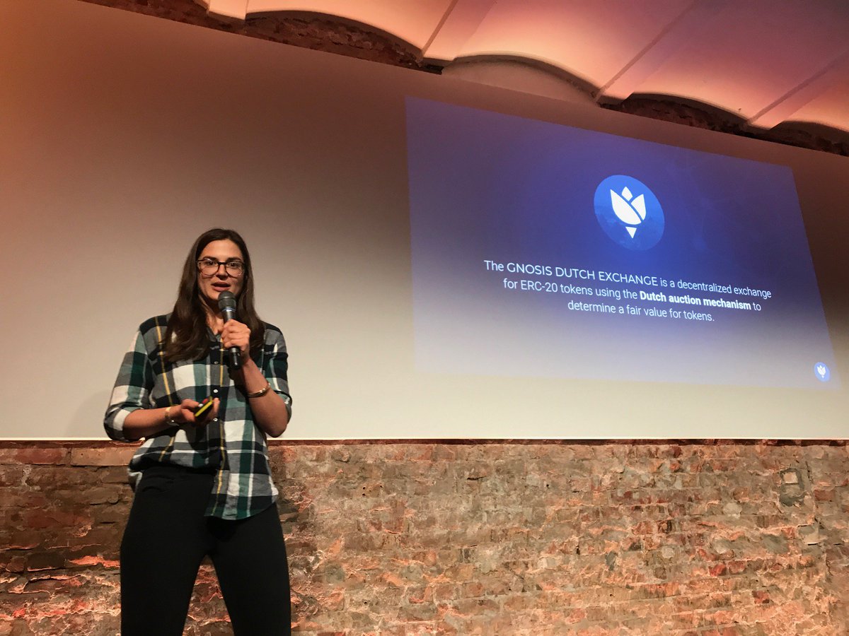 Web3foundation's tweet photo. Chris from @gnosisPM takes over the stage explaining the dutch auction mechanism of the Gnosis Dutch Exchange #DEXMeetupBerlin https://t.co/7jrxE1dros