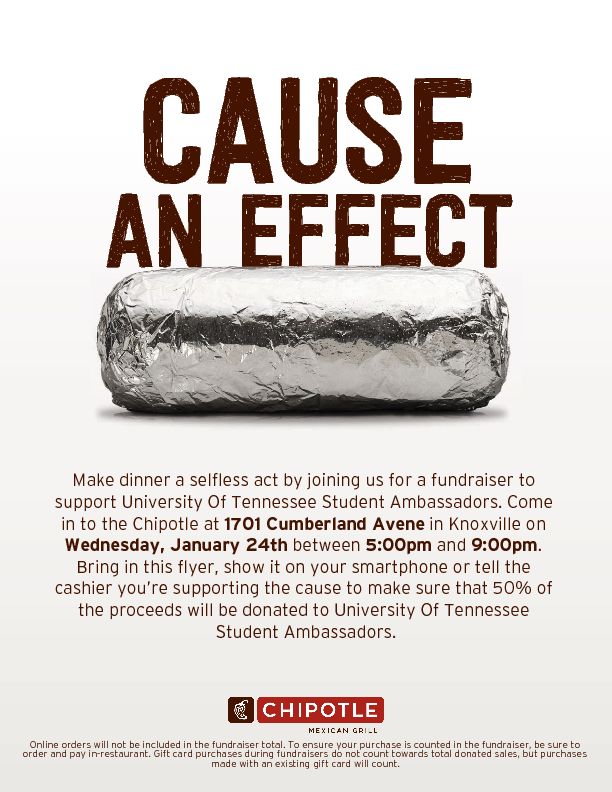 Don't forget to stop by our percentage night at Chipotle from 5-9! We'll be there to eat burritos and answer any questions you have about the Ambassador program. Be sure to say you're with the Ambassadors! #GoVols