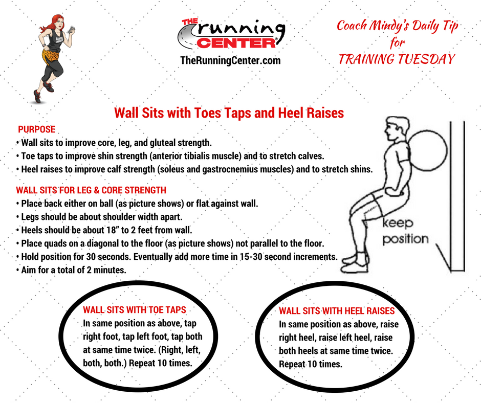 RunningCenter's tweet photo. Perform wall sits with toe taps and heel raises for #core, leg, and gluteal #strength. #fitness #exercise #runners #strengthtraining https://t.co/mONwPNHFrz