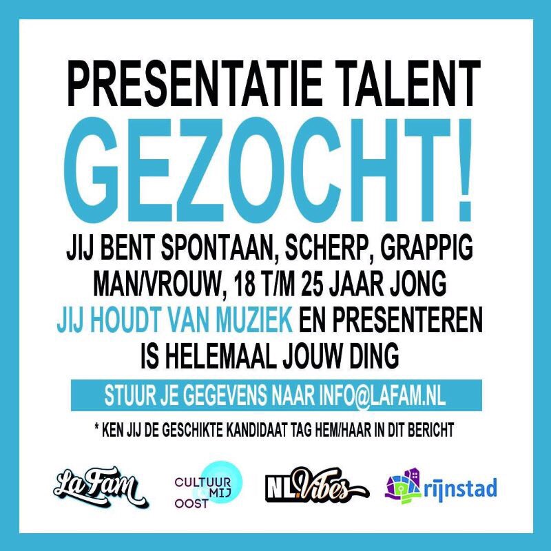 2GT_Arnhem's tweet photo. Iets voor jou? Of iemand uit je netwerk? @CultuurmijOost @Rijnstad @NLVibes #lafam #presentatietalent #gezocht https://t.co/0OtCbBetwN