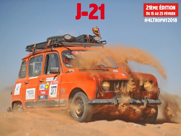 4L_Trophy's tweet photo. · J-21 ·
Ce sont près de 1300 équipages qui vont se retrouver pour la 21ème édition ! 
🚗 10 jours d’aventure
🛣️ 6000 km 
🇫🇷🇪🇸🇲🇦 3 pays à traverser
🏁 5 étapes sportives
Rendez-vous dans 21 jours les Trophistes ! 😉 #4LTrophy2018 https://t.co/w11yNvV6FD