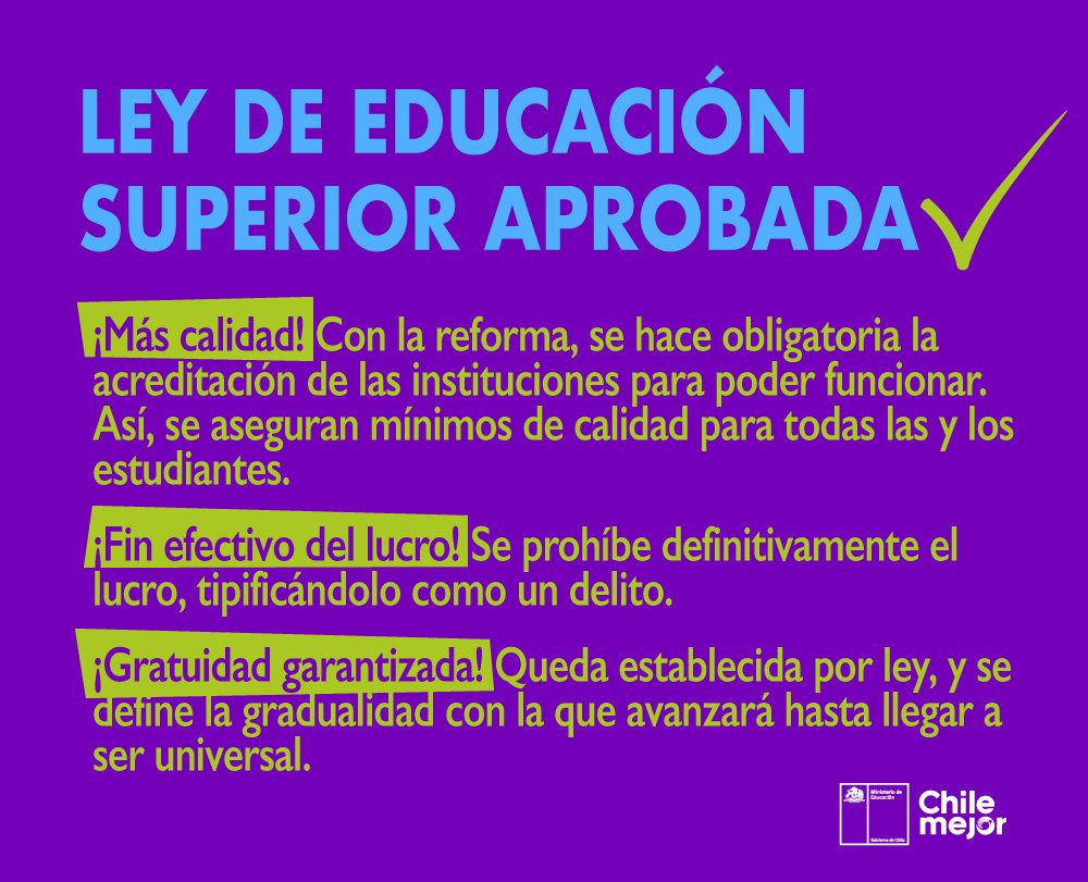 [Ley de Educación Superior] ¡Gratuidad garantizada! Con la reforma la #Gratuidad queda establecida por ley, y se define la gradualidad con la que avanzará hasta llegar a ser universal.
