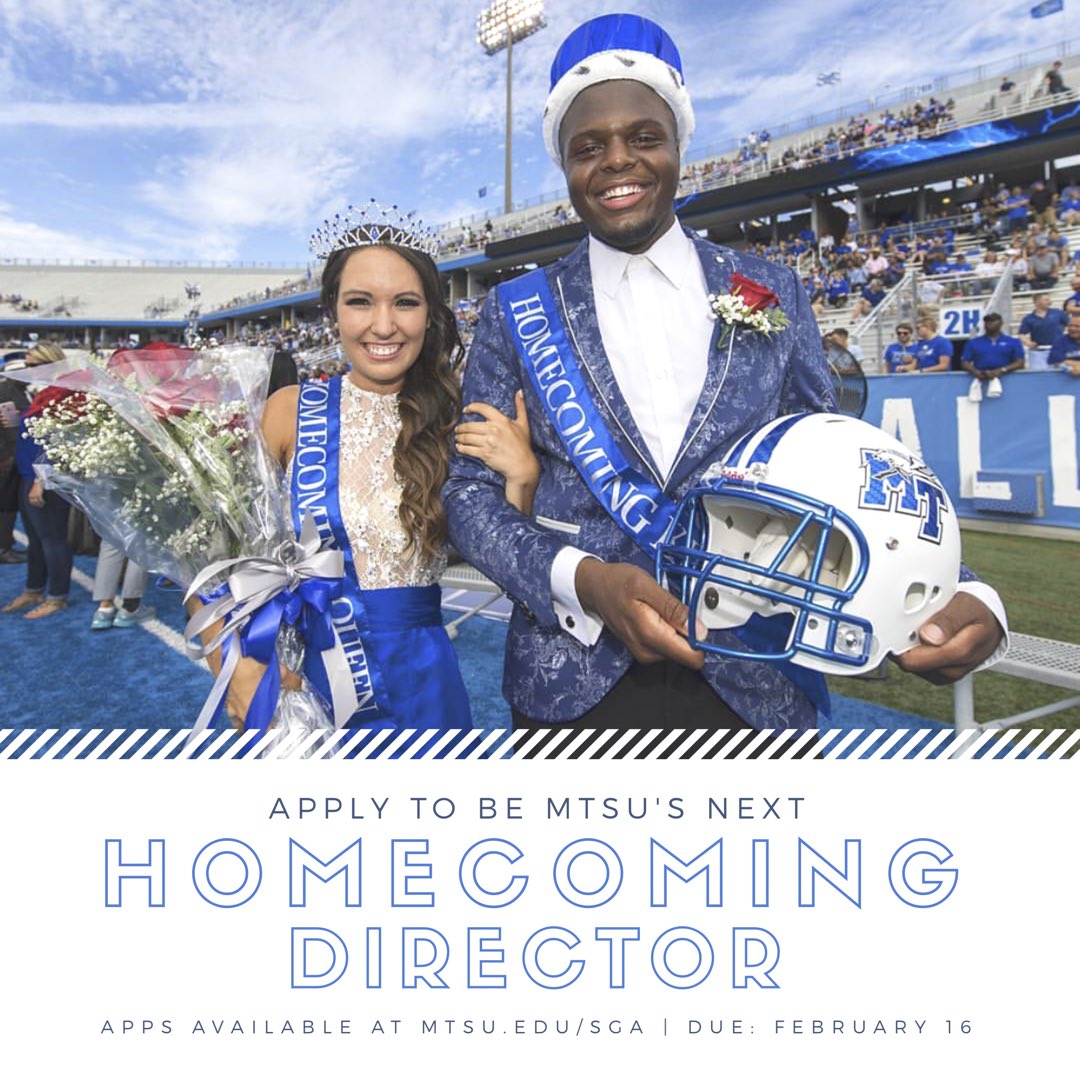 MTSU SGA (@mtsusga) on Twitter photo SGA's looking for this year's new Homecoming Director of MTSU! We're looking for a #TrueBlue individual who wants to make a lasting impact at our university yet again! Apps are found here: mtsu.edu/sga/documents/…! <a href="/MTSUHomecoming/">MTSU Homecoming</a> SGA's looking for this year's new Homecoming Director of MTSU! We're looking for a #TrueBlue individual who wants to make a lasting impact at our university yet again! Apps are found here: mtsu.edu/sga/documents/…! <a href="/MTSUHomecoming/">MTSU Homecoming</a>