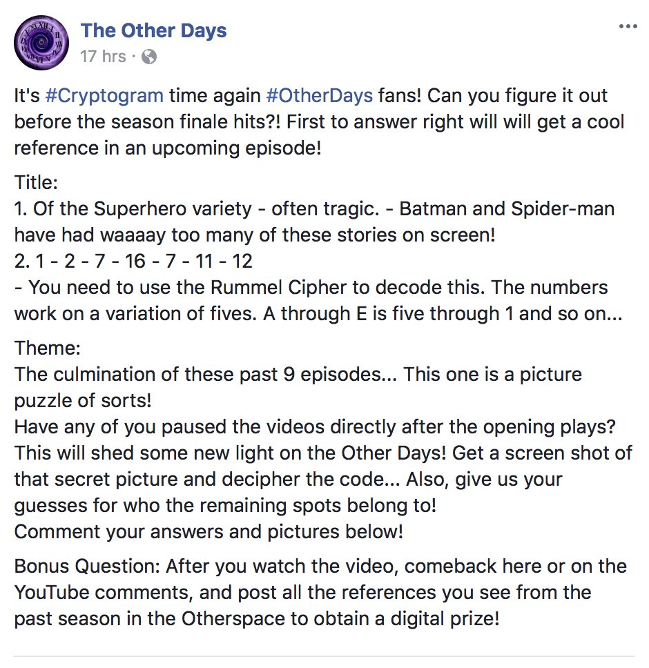 OtherDaysMedia's tweet photo. It's time for a new #OtherDays #Cryptogram! As always I'm opening it up to the fans on #Twitter, this time it's the for the season finale though! https://t.co/wrw9O7U80Q