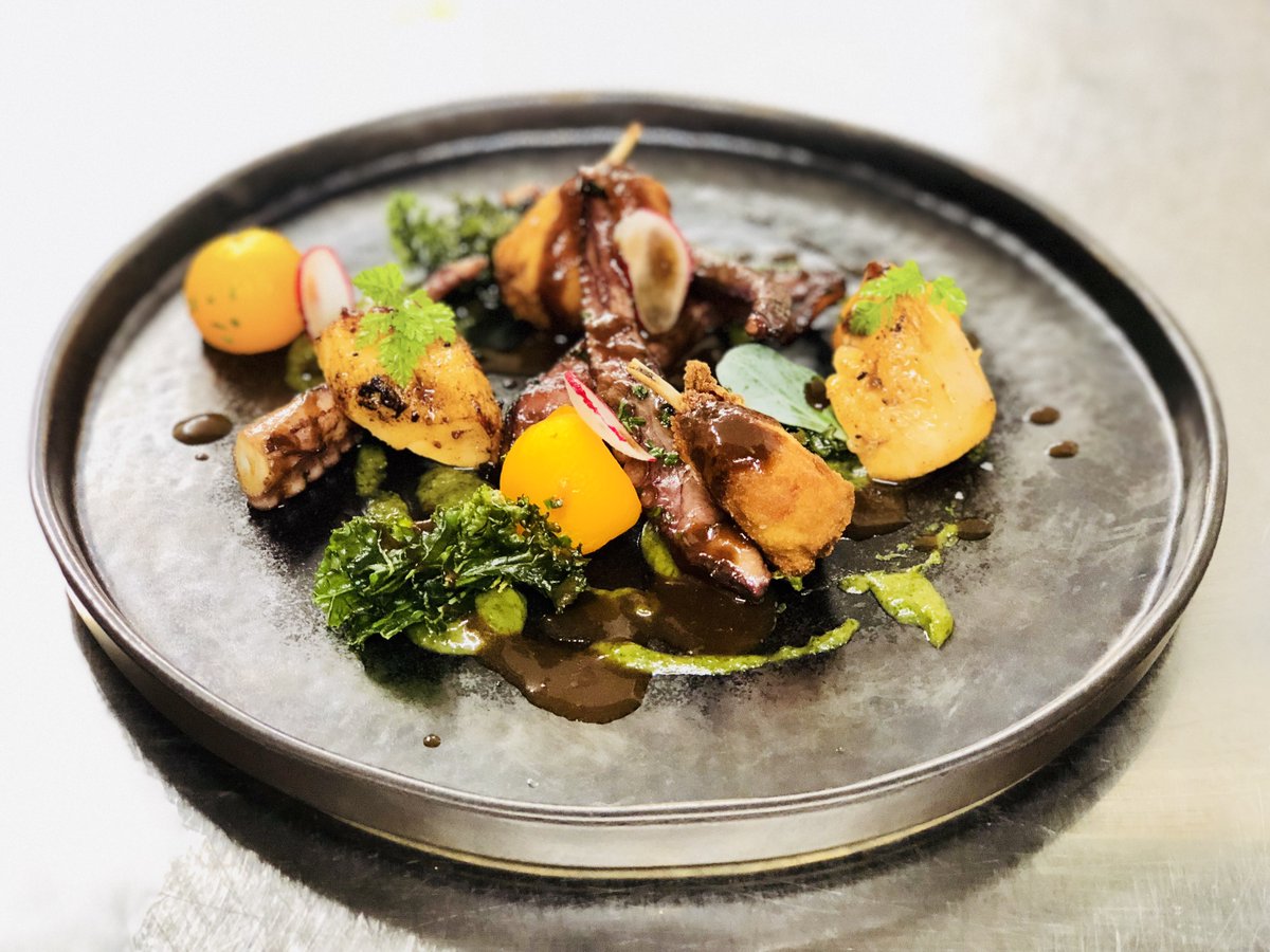 Octopus sous vide, saffron potato, chervil, seared scallop, confit chicken wing, chicken &amp; red wine sauce #edinburgh #seafood #restaurant